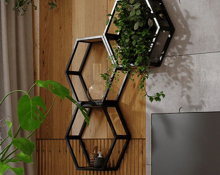 pólki loftowe w salonie w kształcie hexagonu alu cube